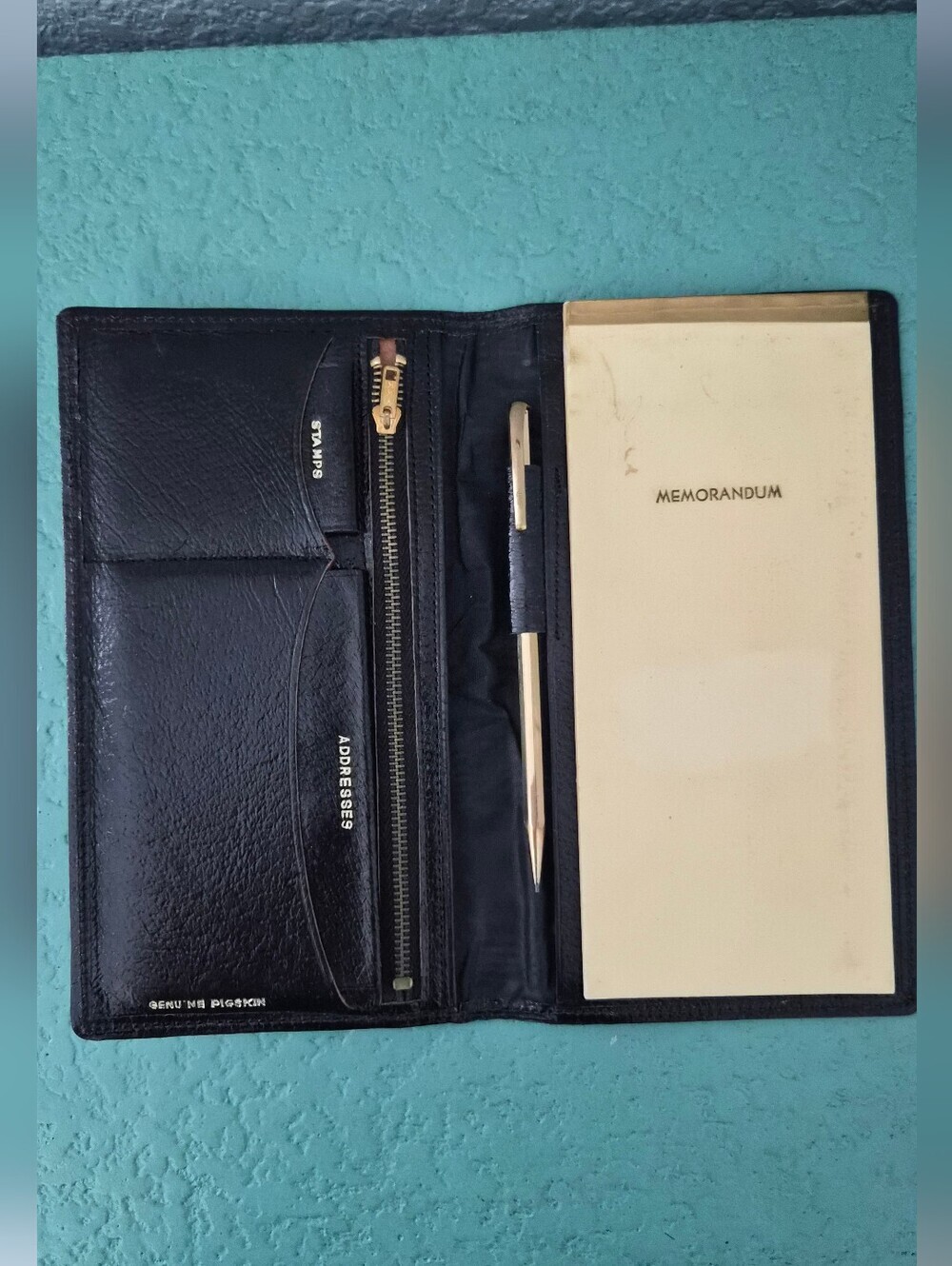 Vintage Black Leather Executive Memo Organizer w Pencil
